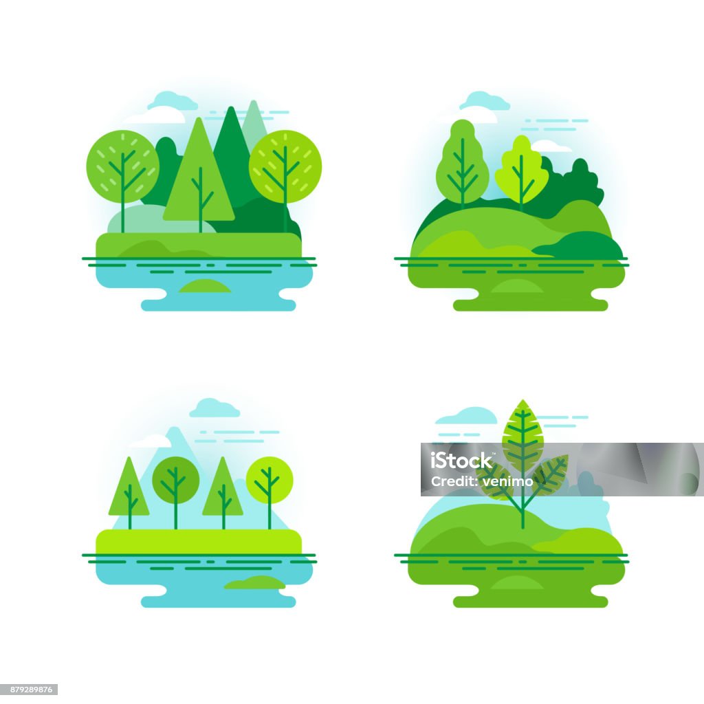 Nature landscapes with green trees Vector set of icons and illustration in flat linear style - nature landscapes with green trees Forest stock vector