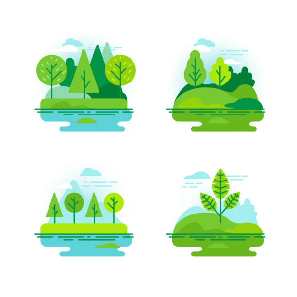 Nature landscapes with green trees Vector set of icons and illustration in flat linear style - nature landscapes with green trees forest symbols stock illustrations