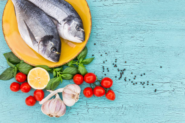 istock Fresh dorado fish on yellow plate with tomatoes on blue table. Top view, copy space. 879290248