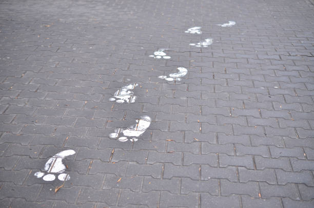 Magnifying glass , footprints background. Investigation and detective concept.