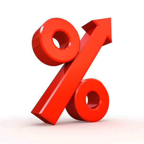 istock Red percent symbol with arrow on white background 879293548