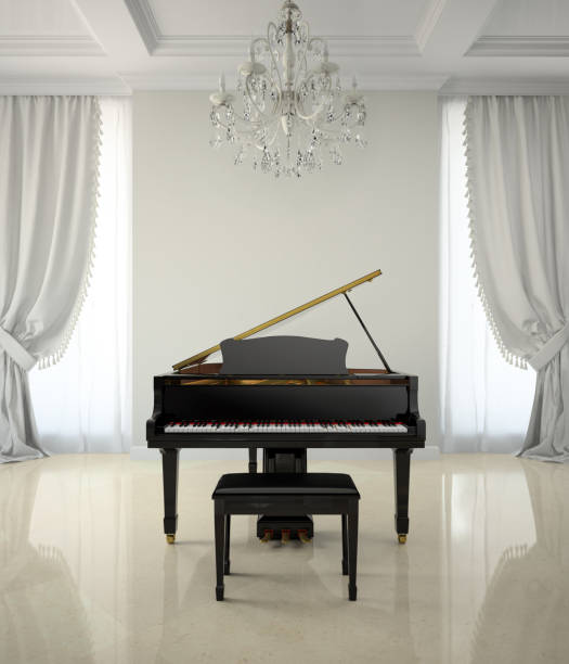 istock Room in classic style with piano and chandlier 3D rendering 879293634