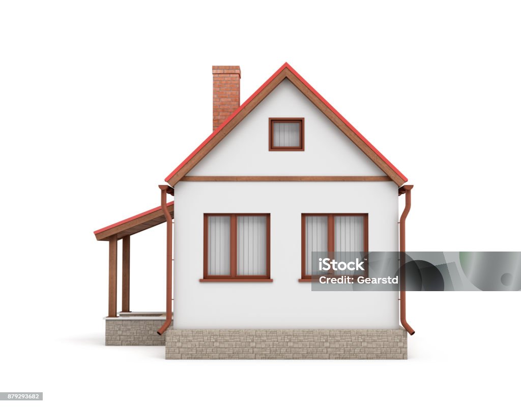 3d rendering of a small residential house with a chimney and a red roof on a white background. 3d rendering of a small residential house with a chimney and a red roof on a white background. Home and residence. Retro home. Detached house. House Stock Photo