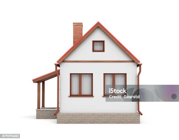 3d Rendering Of A Small Residential House With A Chimney And A Red Roof On A White Background Stock Photo - Download Image Now