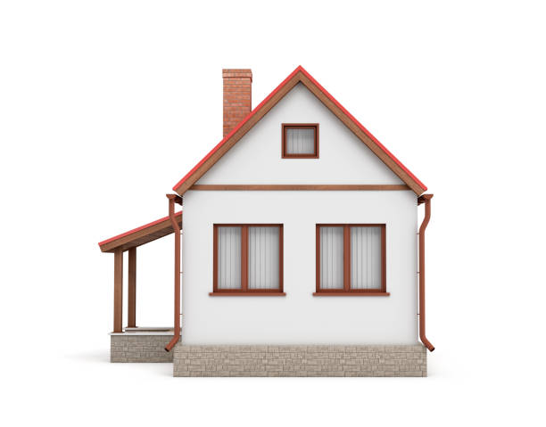 3d rendering of a small residential house with a chimney and a red roof on a white background. - miniature city isolated imagens e fotografias de stock