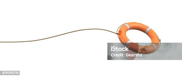 3d Rendering Of A Single Orange Life Buoy On A White Background Hanging From A Long Rope In Motion Stock Photo - Download Image Now