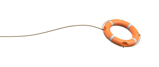 3d rendering of a single orange life buoy on a white background hanging from a long rope in motion. - nobody inflatable equipment rope imagens e fotografias de stock