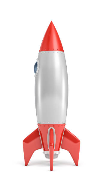 istock 3d rendering of a silver and red rocket ship with a round porthole standing on a white background. 879293770
