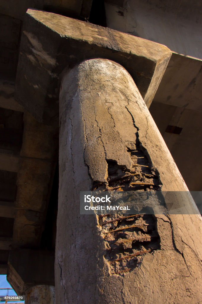 Damaged bridge support close-up transportatin concrete Damaged bridge support close - up transportatin concrete Home Showcase Interior Stock Photo