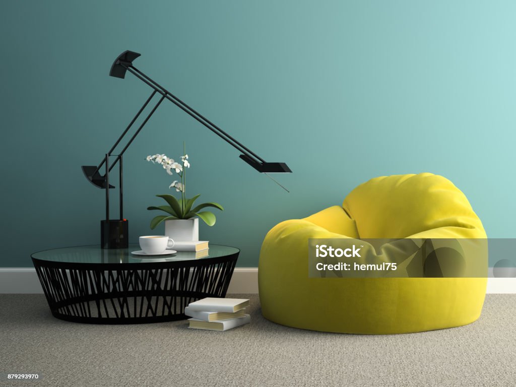 Part of interior with yellow beanbag 3d rendering Bean Bag Stock Photo