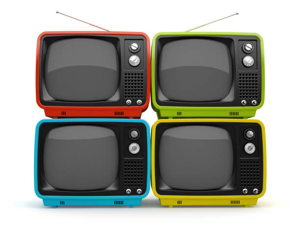 istock Multicolored retro TV isolated on white background 879293980