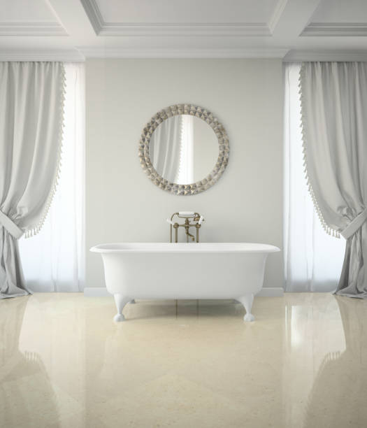 istock Interior of classic bathroom with curtains round mirror 3D rendering 879294128