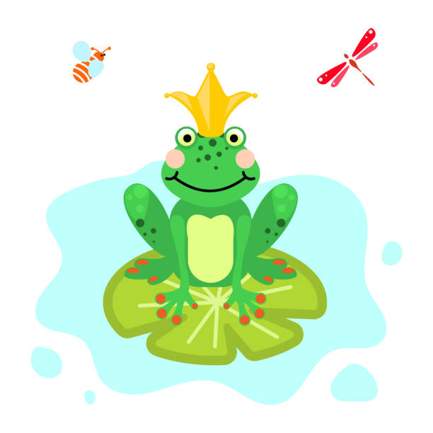 개구리 왕자 만화 그린 클립 아트 고립 된 벡터 - frog jumping pond water lily stock illustrations