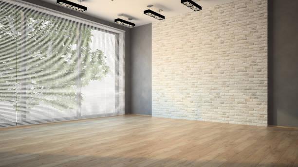 Empty room whith brick wall and dark floor Empty room whith brick wall and lamps unfurnished stock pictures, royalty-free photos & images