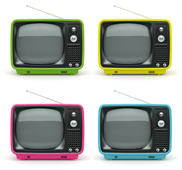 istock Multicolored retro TV isolated on white background 879299100