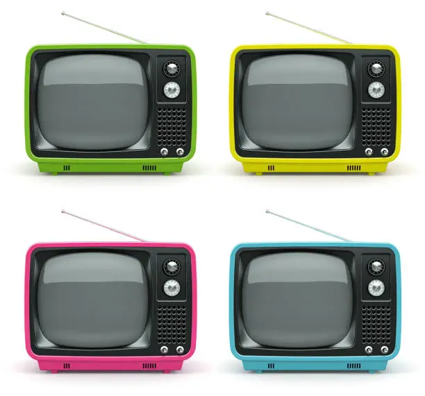 Multicolored retro TV on white background