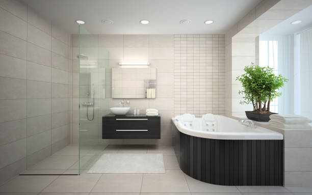 istock Interior of the modern design  bedroom with hot tub 3D rendering 879301506