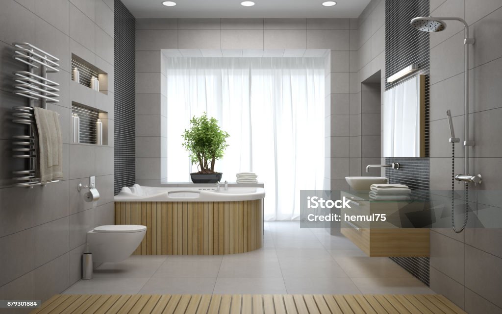 Interior of the modern design bathroom 3D rendering Apartment Stock Photo