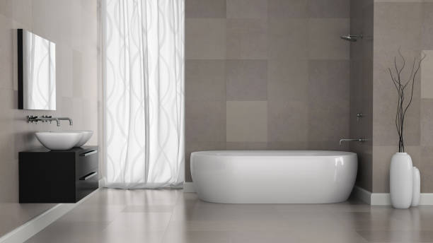 istock Interior of modern bathroom with grey tiles  wall 3D rendering 879302034