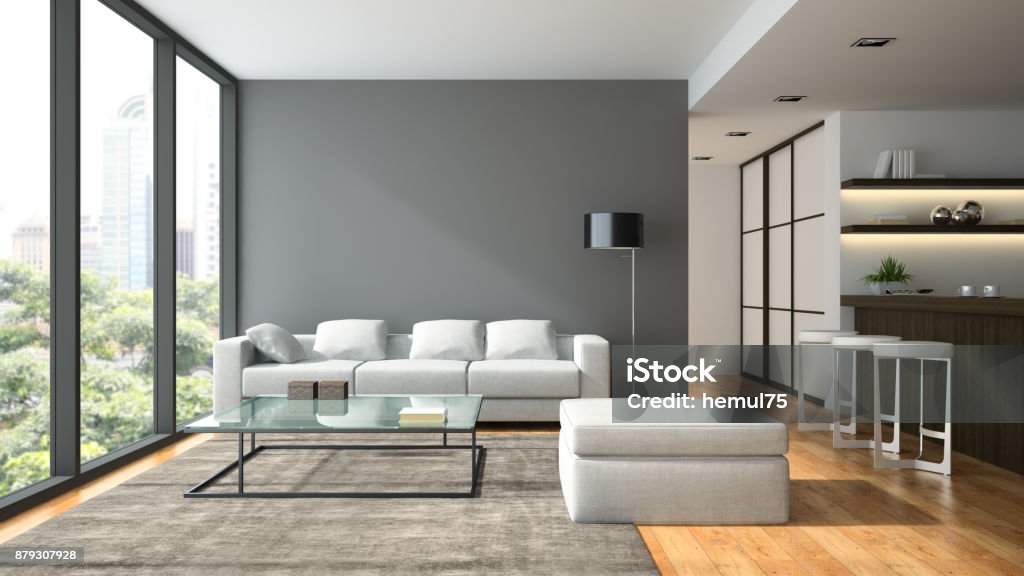 Interior of the modern design  loft  with black lampl 3D rendering Apartment Stock Photo