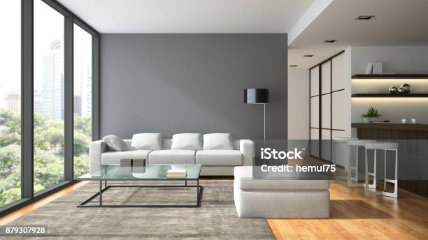 Interior Of The Modern Design Loft With Black Lampl 3d Rendering Stock Photo - Download Image Now