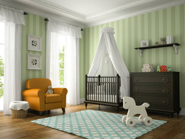 istock Classic children room with brown cradle 3D rendering 879308004