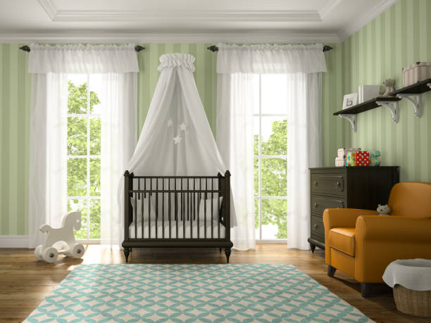 istock Classic children room with brown cradle 3D rendering 879308374
