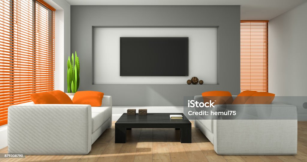 Interior of the modern design room with orange jalousie 3D rendering Apartment Stock Photo
