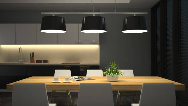 istock Night view modern interior of dining room 3D rendering 879309070