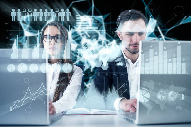 istock Business couple working, infographics 879316356