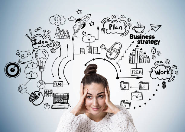 istock Stressed young woman with a bun, business plan 879319072