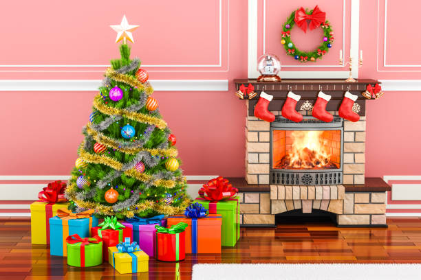 istock Christmas interior with fireplace, Christmas tree and gift boxes, 3D rendering 879322210