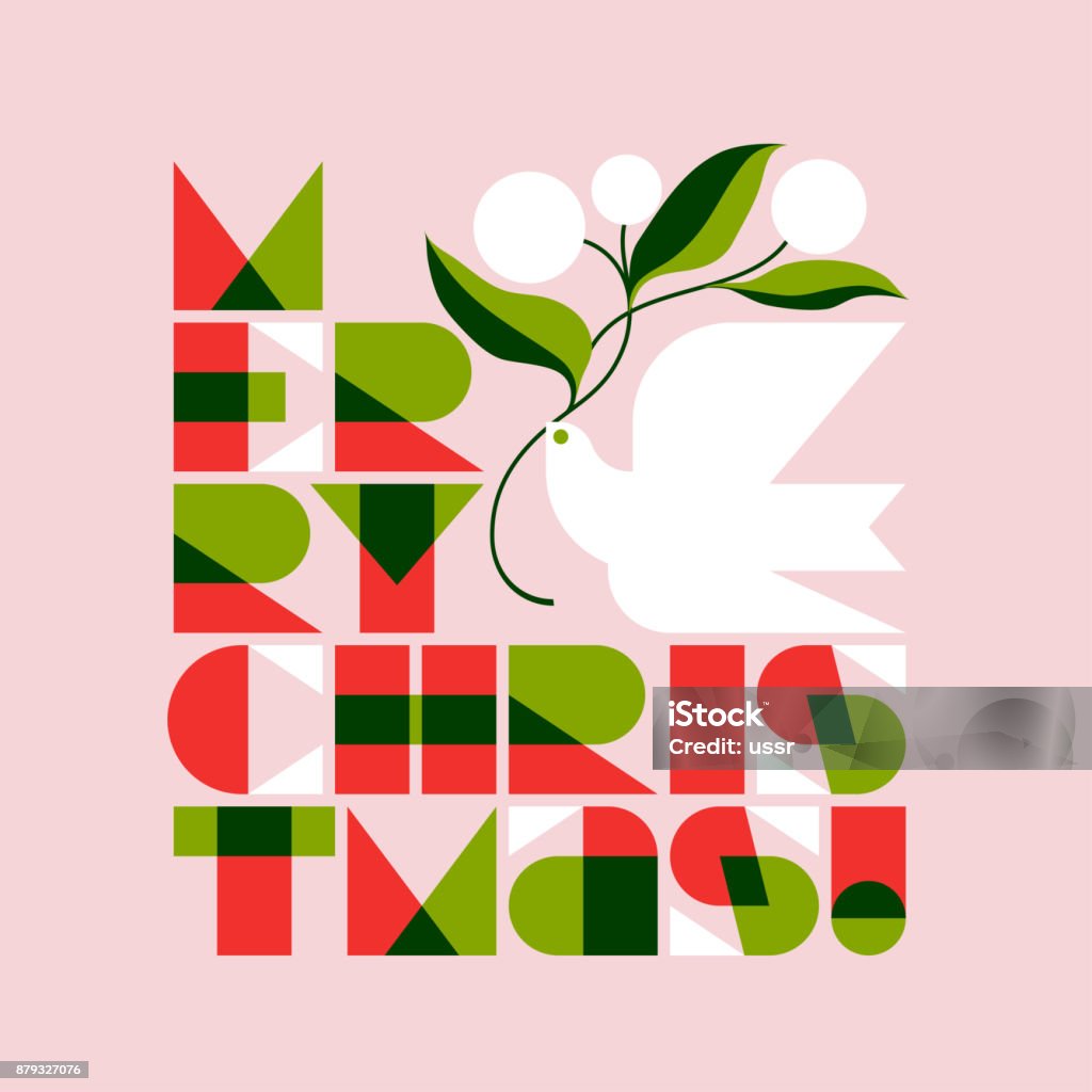 Christmas greeting card with Merry Christmas lettering and flying dove with flower bouquet Christmas stock vector