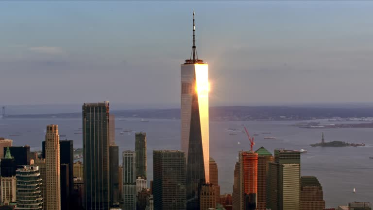 AERIAL FAST-MO Freedom Tower, NYC at sunset