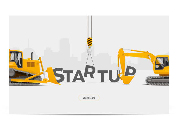 illustrazioni stock, clip art, cartoni animati e icone di tendenza di sviluppo di costruzioni per edifici per la creazione di startup. illustrazione vettoriale. - crane construction equipment construction equipment