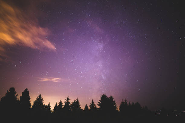 istock Milky Way, City Light, and Clouds Over Forest Trees 879351248