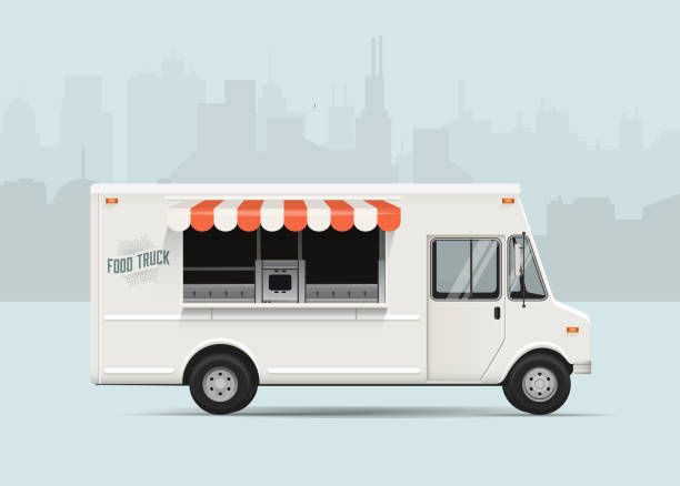 illustrazioni stock, clip art, cartoni animati e icone di tendenza di camion di cibo. illustrazione vettoriale in stile piatto. - food truck