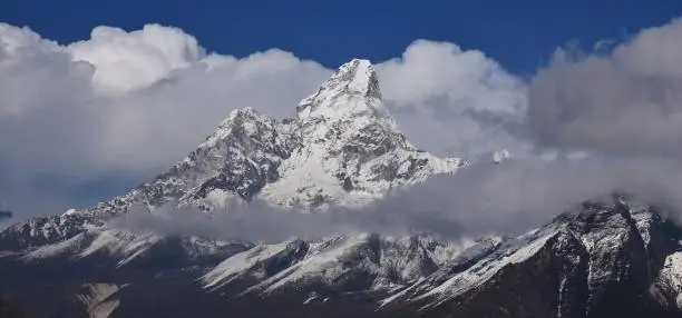 Photo of Peak of mount Ama Dablam. Mountain popular for climbing, Nepal.