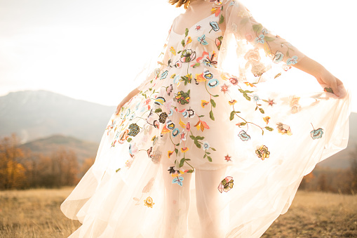 Young woman in a romantic dress enjoying in the field