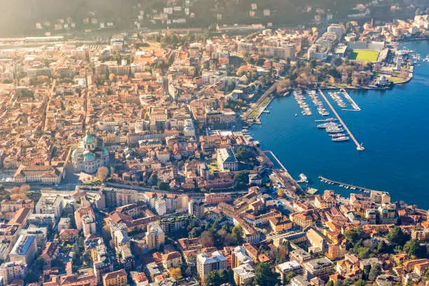 Aerial landscape of the picturesque colorful City of Como on Lake Como, Italy. European vacation, living life style, architecture and travel concept