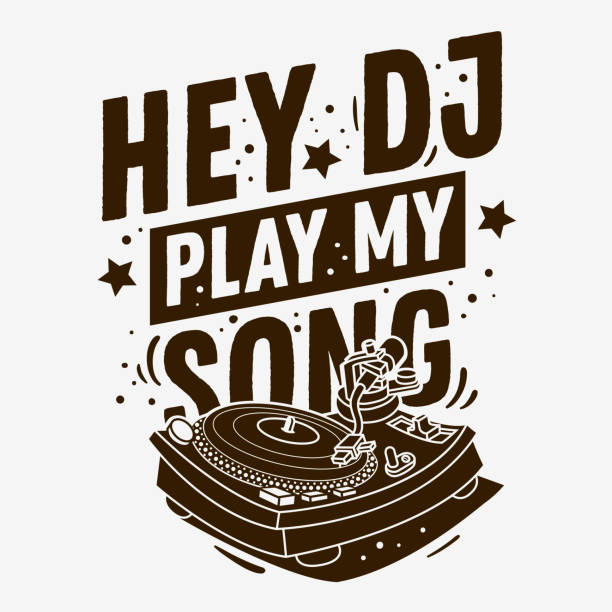 DJ Themed Typographic Tee Print Design With A Turntable Illustration On A White Background. DJ Themed Typographic Tee Print Design With A Turntable Illustration On A White Background. Vector Graphic. disco themed party stock illustrations