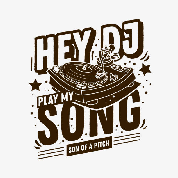 DJ Themed Typographic Tee Print Design With A Turntable Illustration On A White Background. DJ Themed Typographic Tee Print Design With A Turntable Illustration On A White Background. Vector Graphic. disco themed party stock illustrations