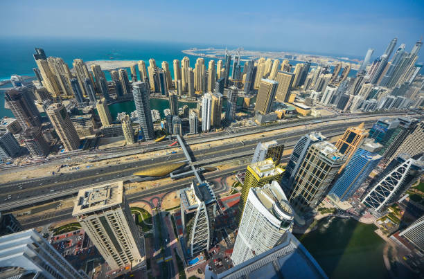 istock Dubai downtown morning scene. Top view from above 879383234