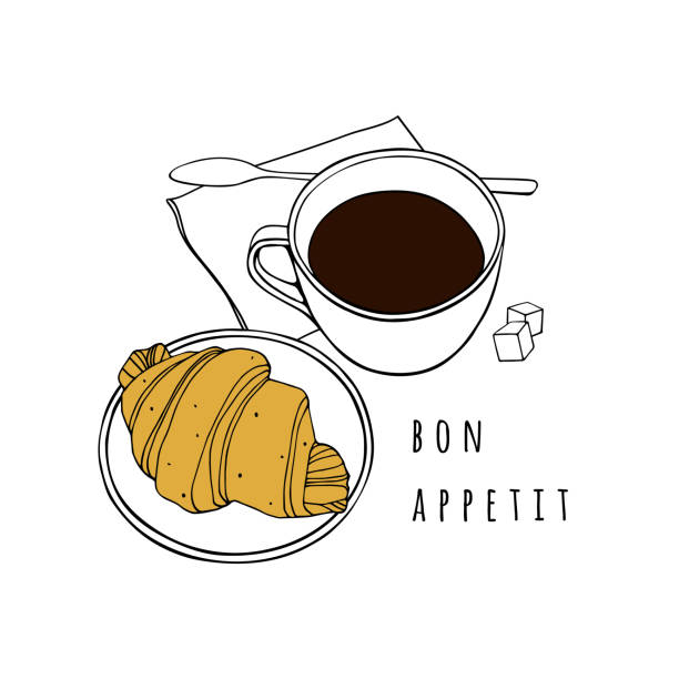 illustrations, cliparts, dessins animés et icônes de croissant et une tasse de café. illustration vectorielle dessinés à la main. affiche pour un café, la boulangerie, la salle à manger. - coffee hot drink cup teaspoon