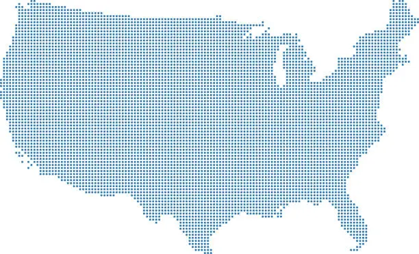 Vector illustration of Highly detailed USA map dots. Dotted United States map vector outline illustration. Pixelated US map in blue background