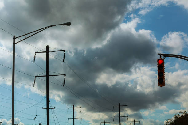 istock Traffic lights red traffic light in blue sky background 879433030