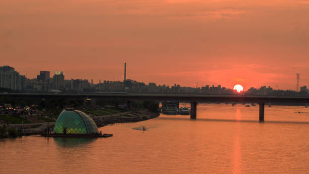 istock Sunset Seoul city at Han river 879438018