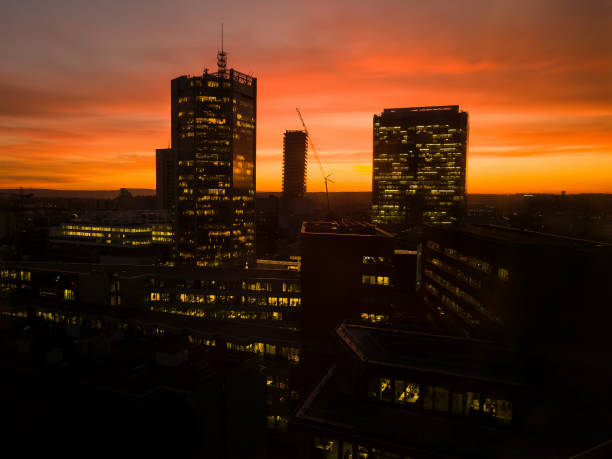 istock Prague skyscrapers in orange sunsset 879441380