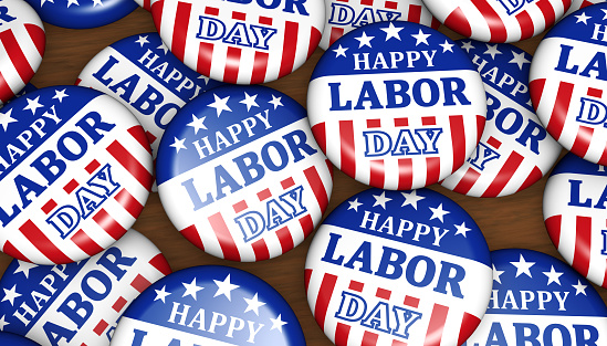 Happy labor day United States national holiday concept with sign, letters and USA flag symbol on badges 3D illustration.