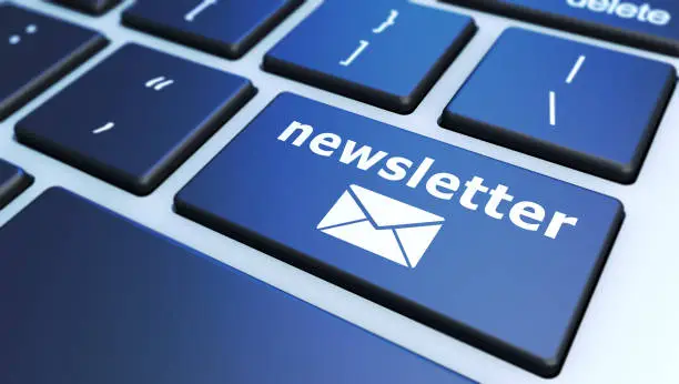 Newsletter concept with sign and email icon on a computer keyboard button 3D illustration.